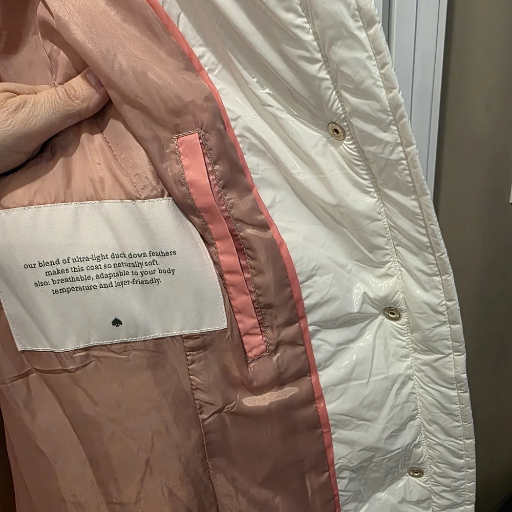 Kate Spade Women's Down & Feather Puffer Quilted Fur Collar Coat White Medium